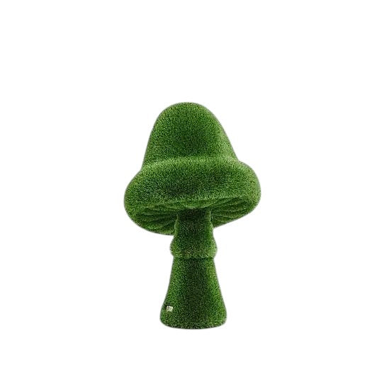 Sculptural amanita mushroom in artificial grass with wide cap and upright stem, botanical topiary design


