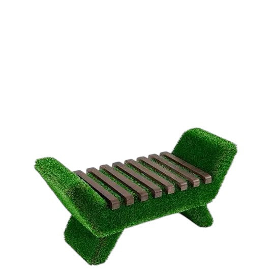 Arvore Bench – sculptural bench with Brazilian hardwood slats and grass base by Palatial Topiary

