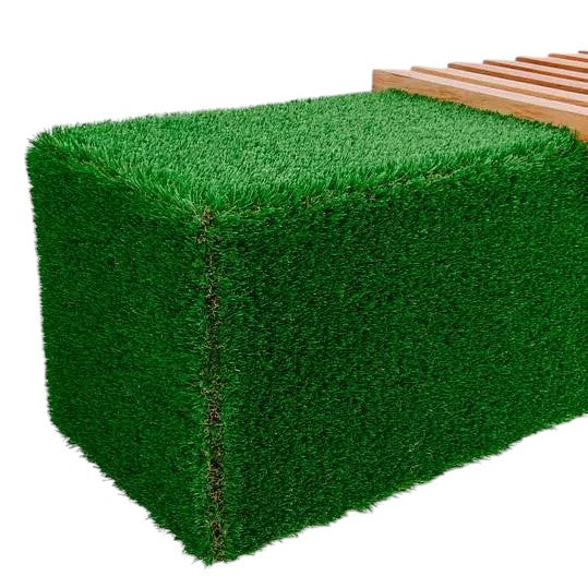 Plinto Bench – sculptural outdoor bench with hardwood and planter option by Palatial Topiary


