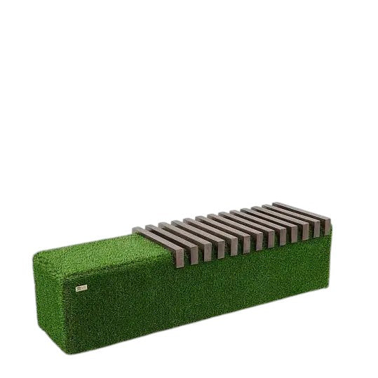 Plinto Bench – sculptural outdoor bench with hardwood and planter option by Palatial Topiary

