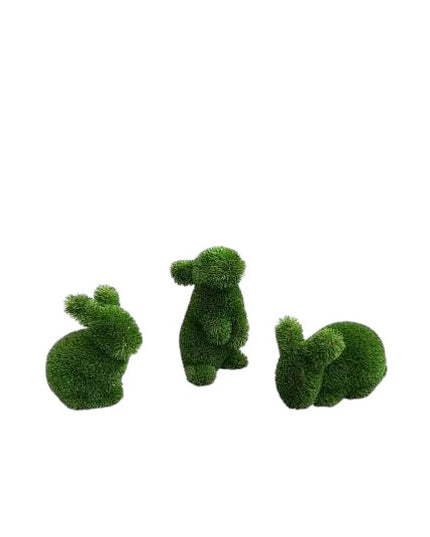 Three baby rabbits topiary sculptures in artificial grass, posed upright in an alert stance from the Grace Collection.