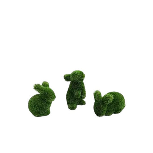 Three baby rabbits topiary sculptures in artificial grass, posed upright in an alert stance from the Grace Collection.