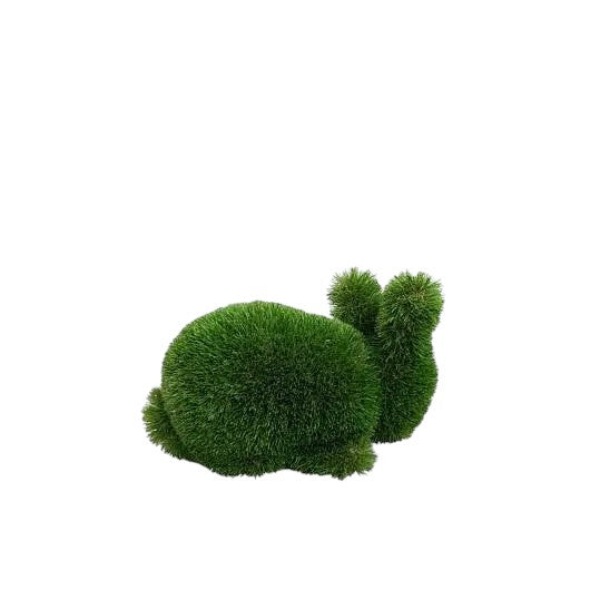 Fawn, a baby rabbit topiary sculpture in artificial grass, lying peacefully in a sculptural pose from the Grace Collection.