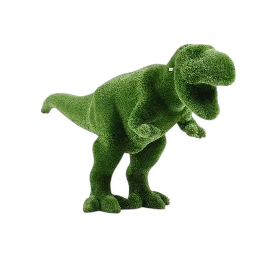 Tyrannosaurus rex topiary sculpture in mid-rampage pose, handcrafted in premium artificial grass

