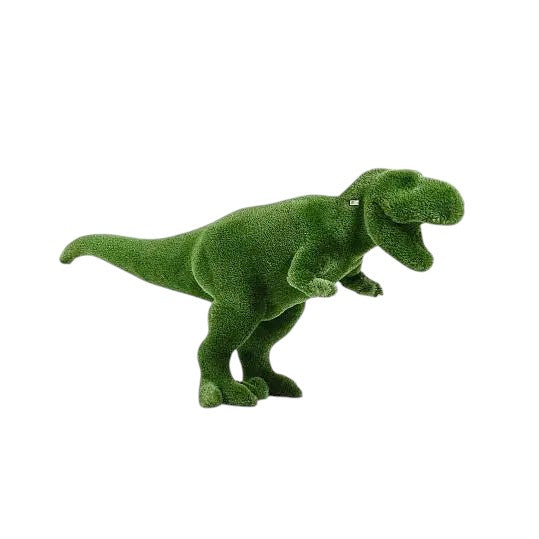 Tyrannosaurus rex topiary sculpture in mid-rampage pose, handcrafted in premium artificial grass

