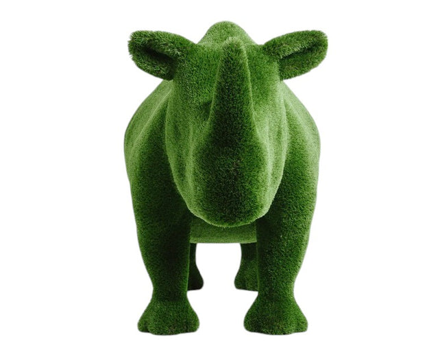 Titan, a life-size rhino topiary sculpture in artificial grass, showcasing bold form and sculptural presence from the Majestic Collection.