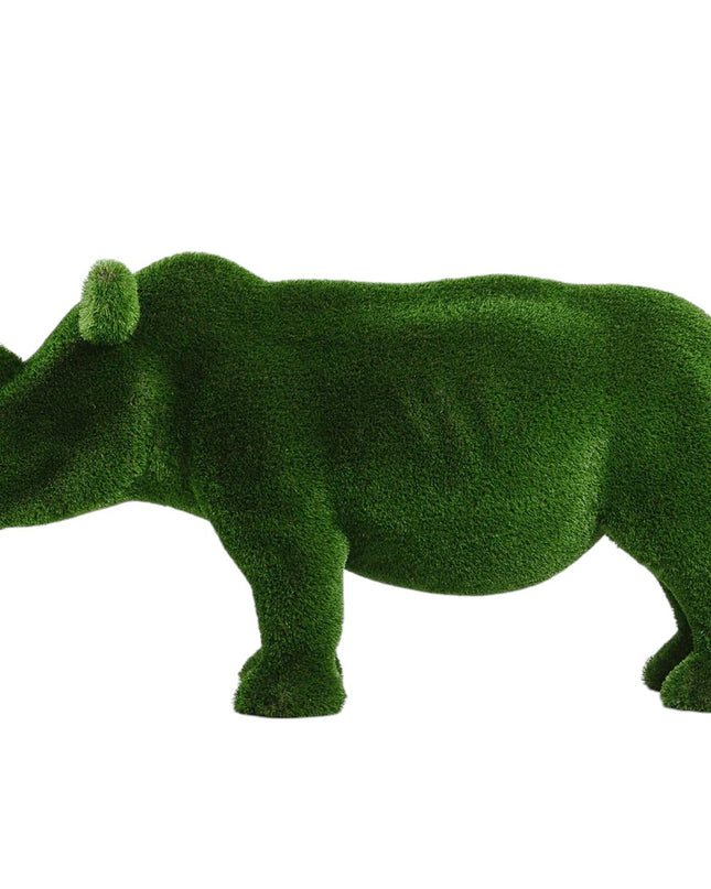 Titan, a life-size rhino topiary sculpture in artificial grass, showcasing bold form and sculptural presence from the Majestic Collection.