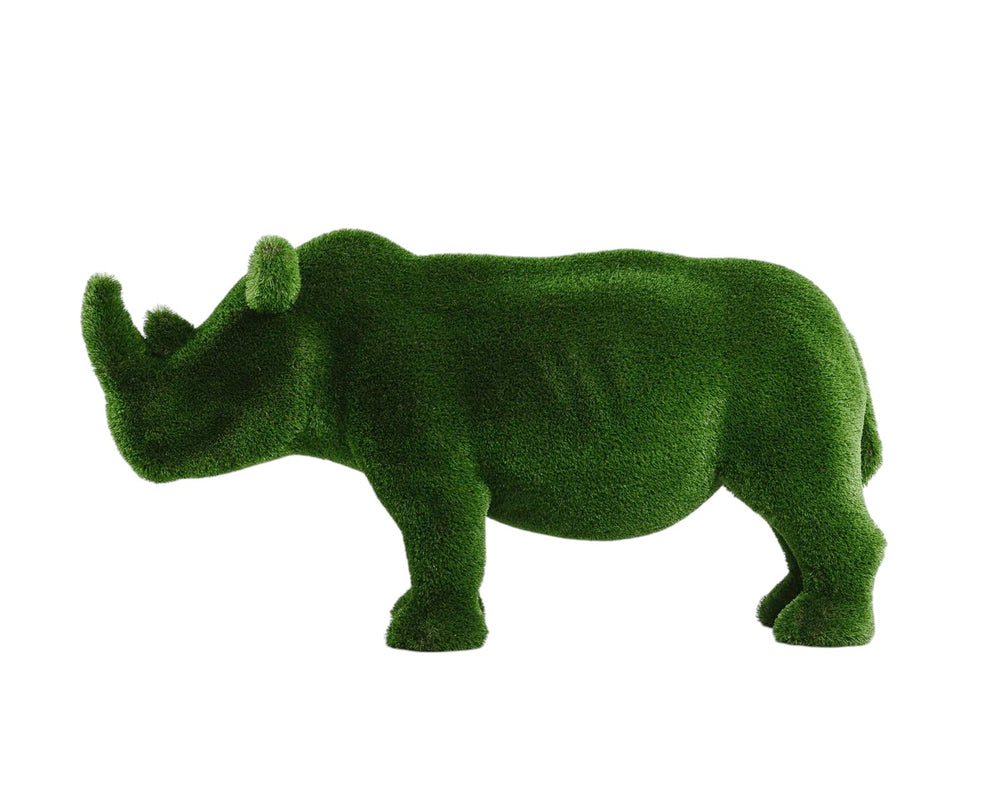 Titan, a life-size rhino topiary sculpture in artificial grass, showcasing bold form and sculptural presence from the Majestic Collection.