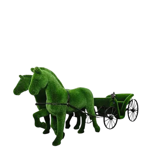 Two horse and carriage sculpture wrapped in artificial grass, botanical art centerpiece

