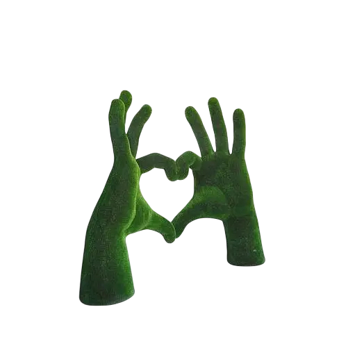 Two large hands forming a heart shape, sculpted in artificial grass, luxury topiary art

