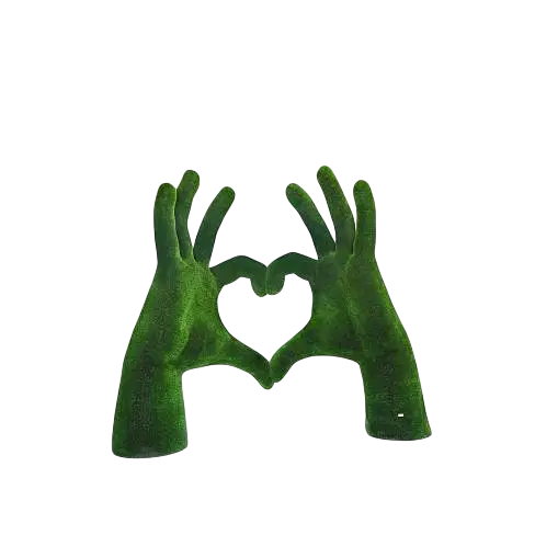 Two large hands forming a heart shape, sculpted in artificial grass, luxury topiary art

