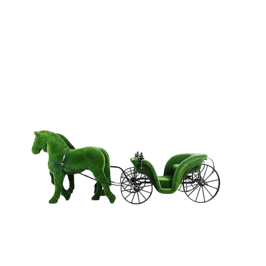 Two horse and carriage sculpture wrapped in artificial grass, botanical art centerpiece

