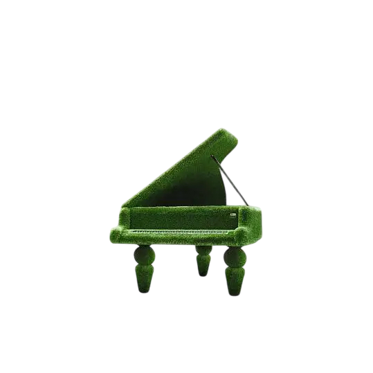 Sculptural grand piano wrapped in artificial grass, designed as a luxury statement piece


