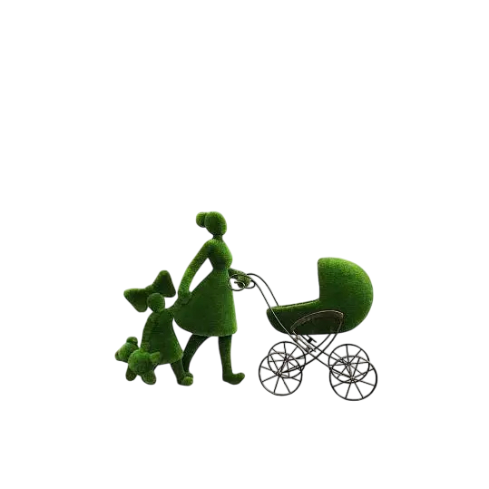 Topiary sculpture of mother pushing pram while holding daughter with teddy bear and bow

