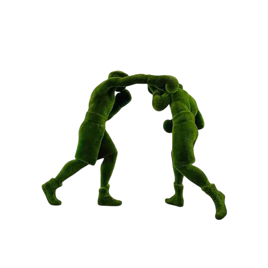 Boxer topiary sculptures in dynamic fighting motion, handcrafted in artificial grass



