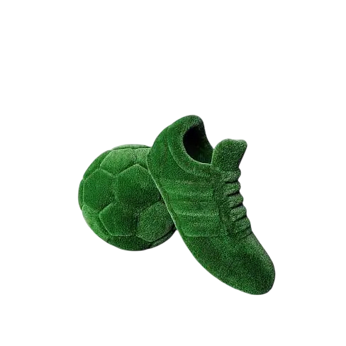 Soccer ball and boot sculpture in artificial grass, tribute to the beautiful game

