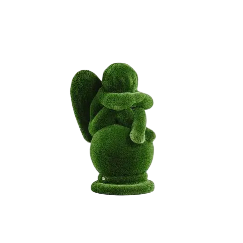 Seated angel sculpture with bowed head and folded arms on round marble-effect base, crafted in artificial grass

