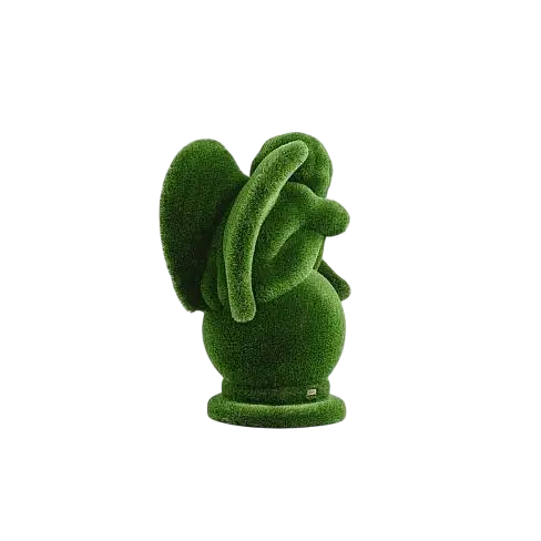Seated angel sculpture with bowed head and folded arms on round marble-effect base, crafted in artificial grass

