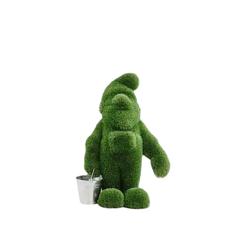 Garden gnome topiary sculpture carrying a bucket, made of artificial grass

