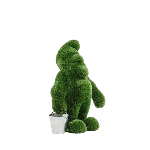 Garden gnome topiary sculpture carrying a bucket, made of artificial grass

