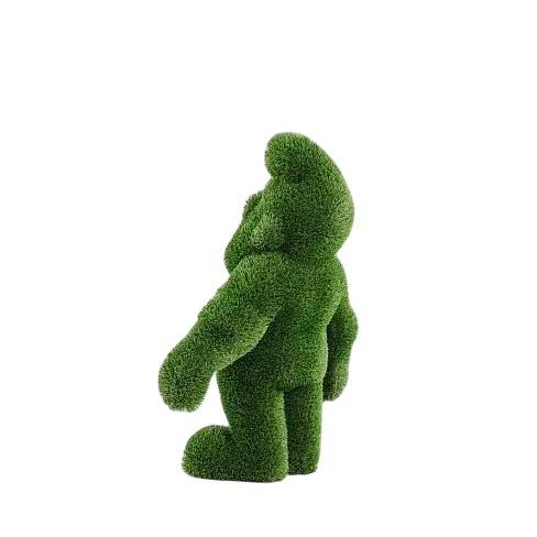 Garden gnome topiary sculpture carrying a bucket, made of artificial grass

