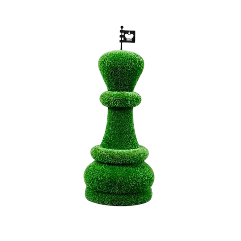 Oversized topiary chess sculptures made of artificial grass, including individual draught piece.

