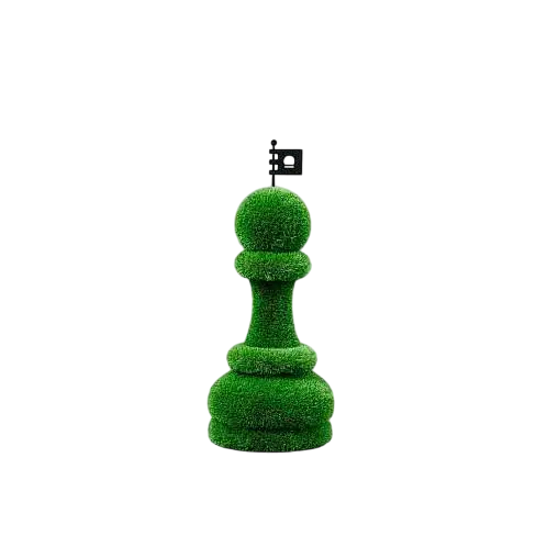 Oversized topiary chess sculptures made of artificial grass, including individual pawn piece.

