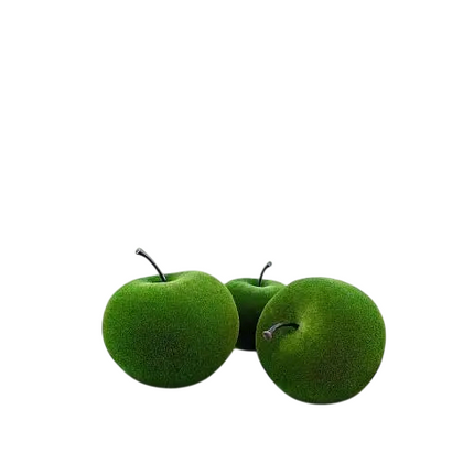 Trio of apple sculptures wrapped in artificial grass, stylized botanical topiary