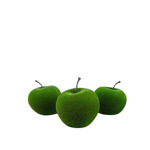 Trio of apple sculptures wrapped in artificial grass, stylized botanical topiary
