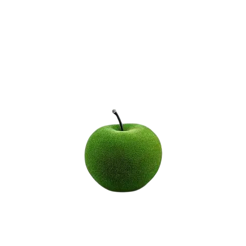 Apple sculpture wrapped in artificial grass, stylized botanical topiary