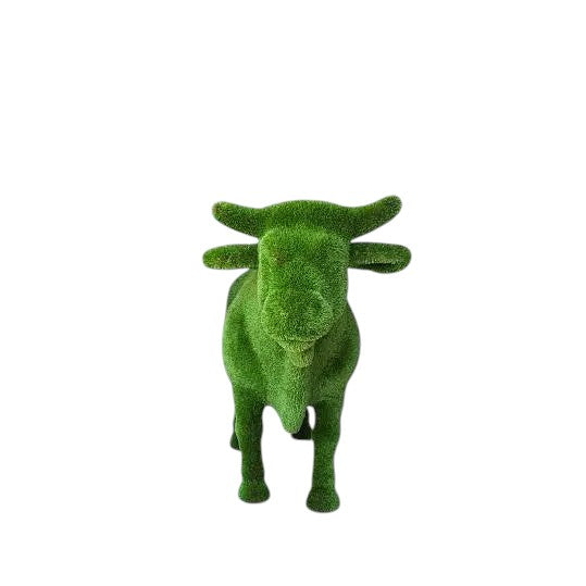 Steadfast, a life-size Black Angus bull topiary sculpture in artificial grass, standing in a broad and grounded posture from the Heritage Collection.