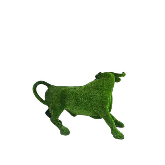Dominion, a life-size bull topiary sculpture in artificial grass, captured in a poised corrida stance from the Majestic Collection.