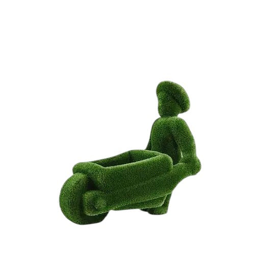 Man with wheelbarrow topiary sculpture in artificial grass, rustic garden décor

