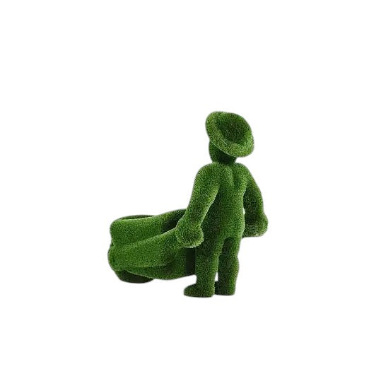 Man with wheelbarrow topiary sculpture in artificial grass, rustic garden décor

