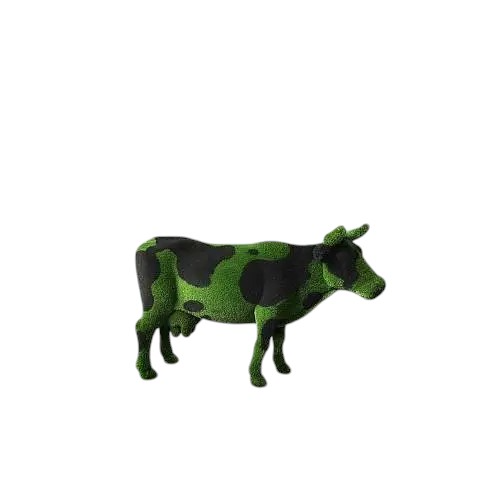 Luxury cow sculpture named Noirelle in black and green artificial grass, designed for bold outdoor landscape installations.