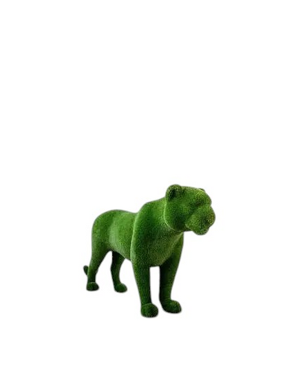 Ember, a life-size tiger topiary sculpture in artificial grass, shown in a poised stance as part of the Majestic Collection.