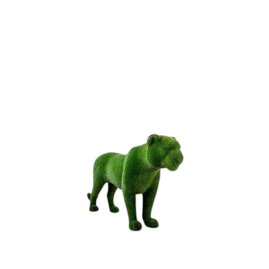 Ember, a life-size tiger topiary sculpture in artificial grass, shown in a poised stance as part of the Majestic Collection.