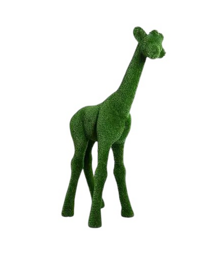 Small giraffe topiary sculpture in artificial grass.