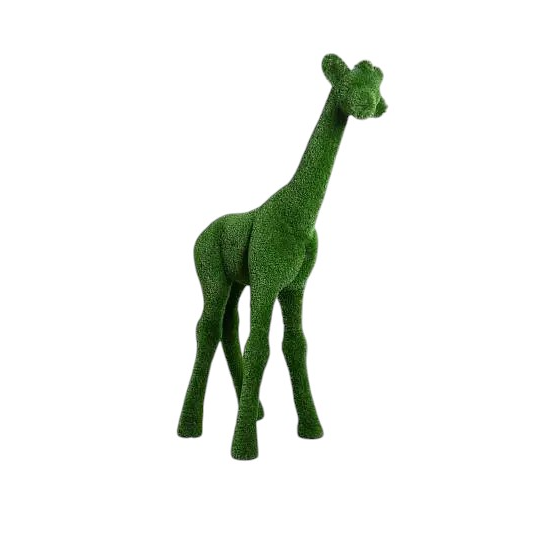 Small giraffe topiary sculpture in artificial grass.