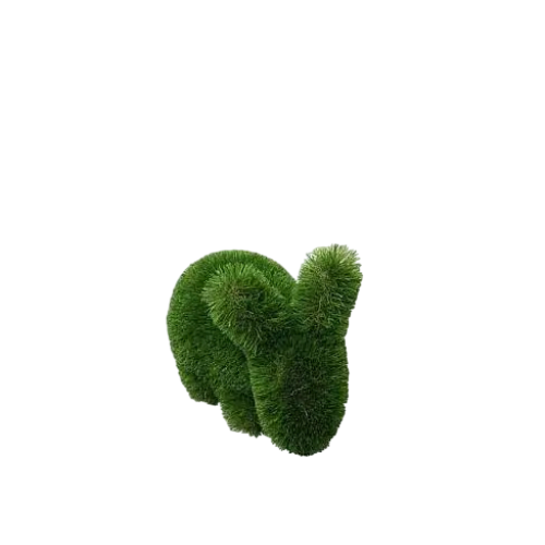 Fawn, a baby rabbit topiary sculpture in artificial grass, lying peacefully in a sculptural pose from the Grace Collection.