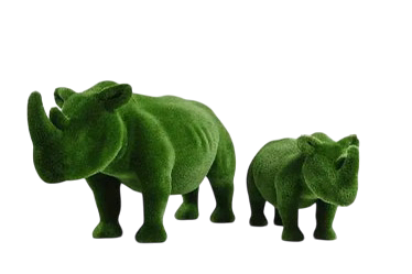 Titan, a life-size rhino topiary sculpture in artificial grass, showcasing bold form and sculptural presence from the Majestic Collection.